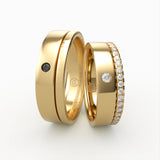 Guld vielsesringe med sort solitær og fuld diamantkant – EG32