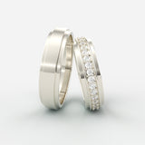 Vielsesringe i hvidguld med én central række diamanter og kantet finish – EG06