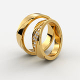 Vielsesringe i guld med diagonal gravering og smal diamant panel – EG07