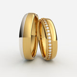 Tofarvede vielsesringe i guld og hvidguld med pavé diamanter – EG11