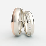 Tofarvede vielsesringe i hvidguld og rosaguld med pavédiamanter – EG11