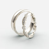 Vielsesringe i hvidguld med marquiseformede diamanter og milgrain-kant – EG022