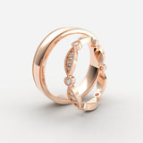 Rosaguld vielsesringe med marquiseformede diamanter og milgrain-kant – EG022