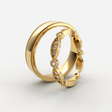 Vielsesringe i guld med marquise-formede diamanter og milgrain kant – EG022