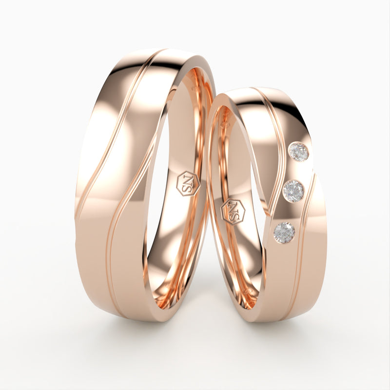 Vielsesringe med Bølget Design & Tre Diamanter - EG 57