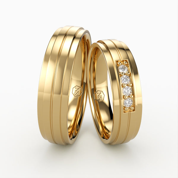 Vielsesringe i Guld med Rektangulært Design og 4 Diamanter