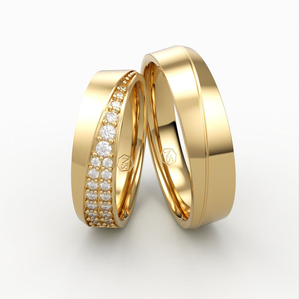 Guld vielsesringe med diagonal dobbelt række af diamanter – EG39