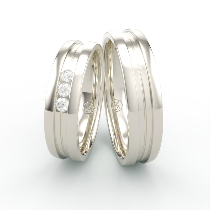 Vielsesringe i hvidguld med tre diamanter og dobbeltgravering – EG41